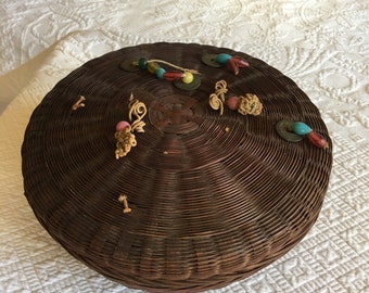 Vintage Wicker Basket: Round Chinese Design, Red Green Trim