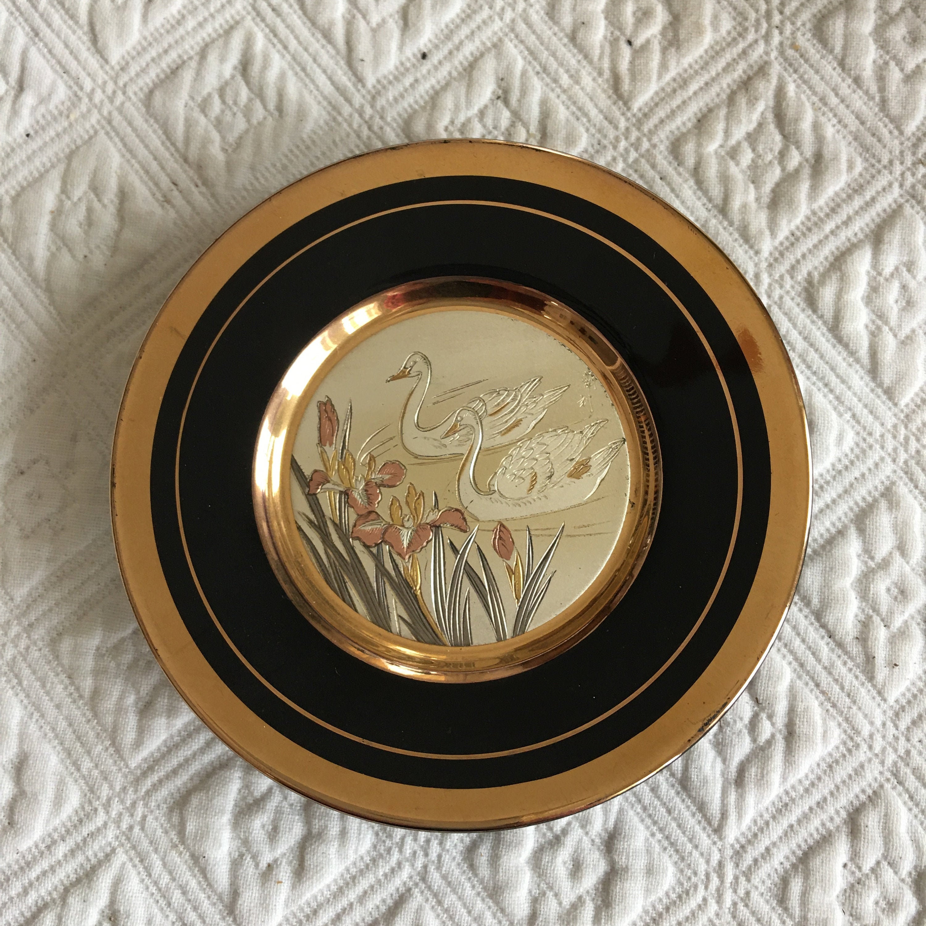 Vintage Art of Chokin Swans and Iris Plate. Etched Copper
