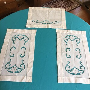 Vintage 3 Linen Embroidered Openwork and Pulled Thread Placemats or Centerpiece Mats. Three Piece. Flower and Swirling Designs.