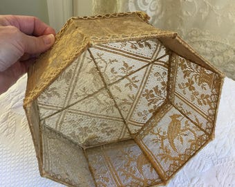 Antique Victorian Food Cover. Lace Panels Supported on Wire Frame in Hexagonal Dome Shape with Upper Lace Edge and 6 Corner Tassels.