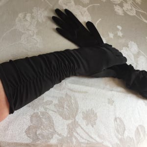 Vintage 1960s Size 7 to 7 1/2 Black Long Gathered Gloves. Lovely, Elegant Gloves Just Below Elbow. Black Evening Gloves.