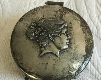 Vintage Art Nouveau Victor Silver Co. Quadruple Silver Plate Dresser Jewelry Box w/ Molded Woman's Head on Top. Openwork Sides & Four Feet.