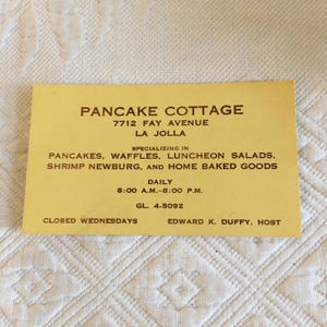 Vintage Pancake Cottage uit de jaren 60, 7712 Fay Avenue, La Jolla, Californië Visitekaartje. Gastheer Edward K. Duffy.