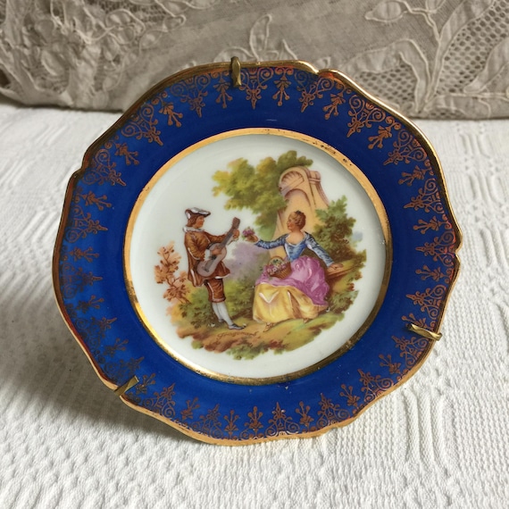 Vintage Limoges Painted Porcelain Plate W/ Cobalt Blue and Fancy