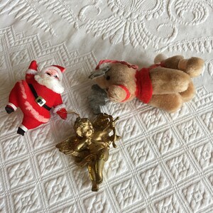 Vintage 1950s Santa, Angel and Reindeer. Charming Santa Ornament, Gold Cupid Angel Ornament and Stuffed Reindeer, 1985 McDonalds Give Away.