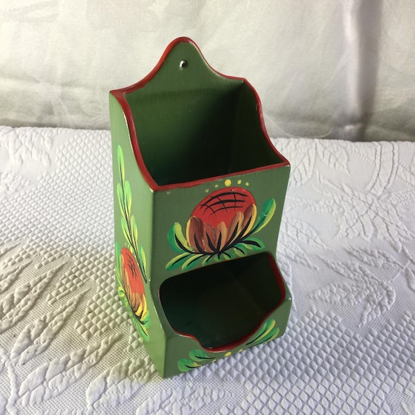 Vintage Wall Match Holder, Hanging Ceramic Folk Art Hand Painted Wall Hanger.
