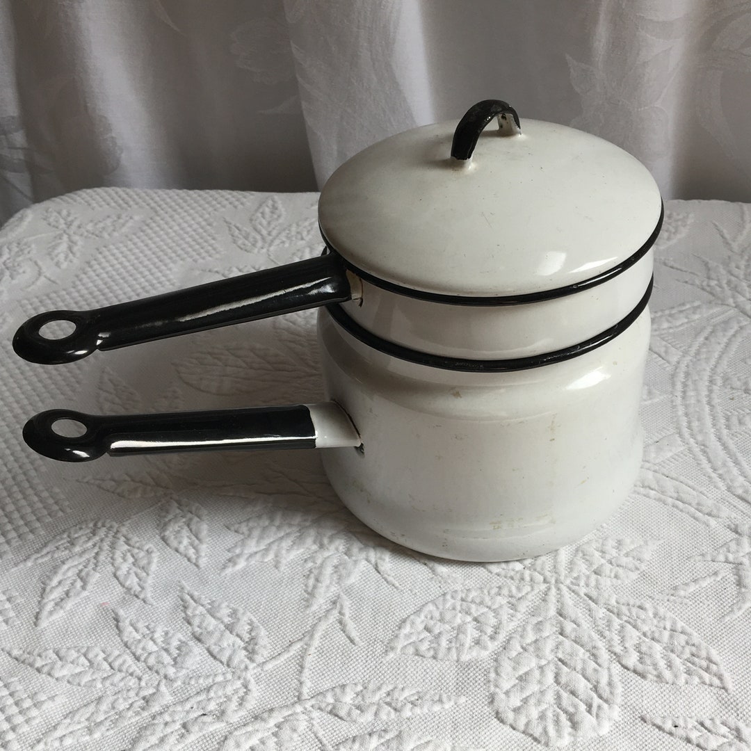 Vintage Enamel Double Boiler Kettle With Lid. Perfect for Easily Burned