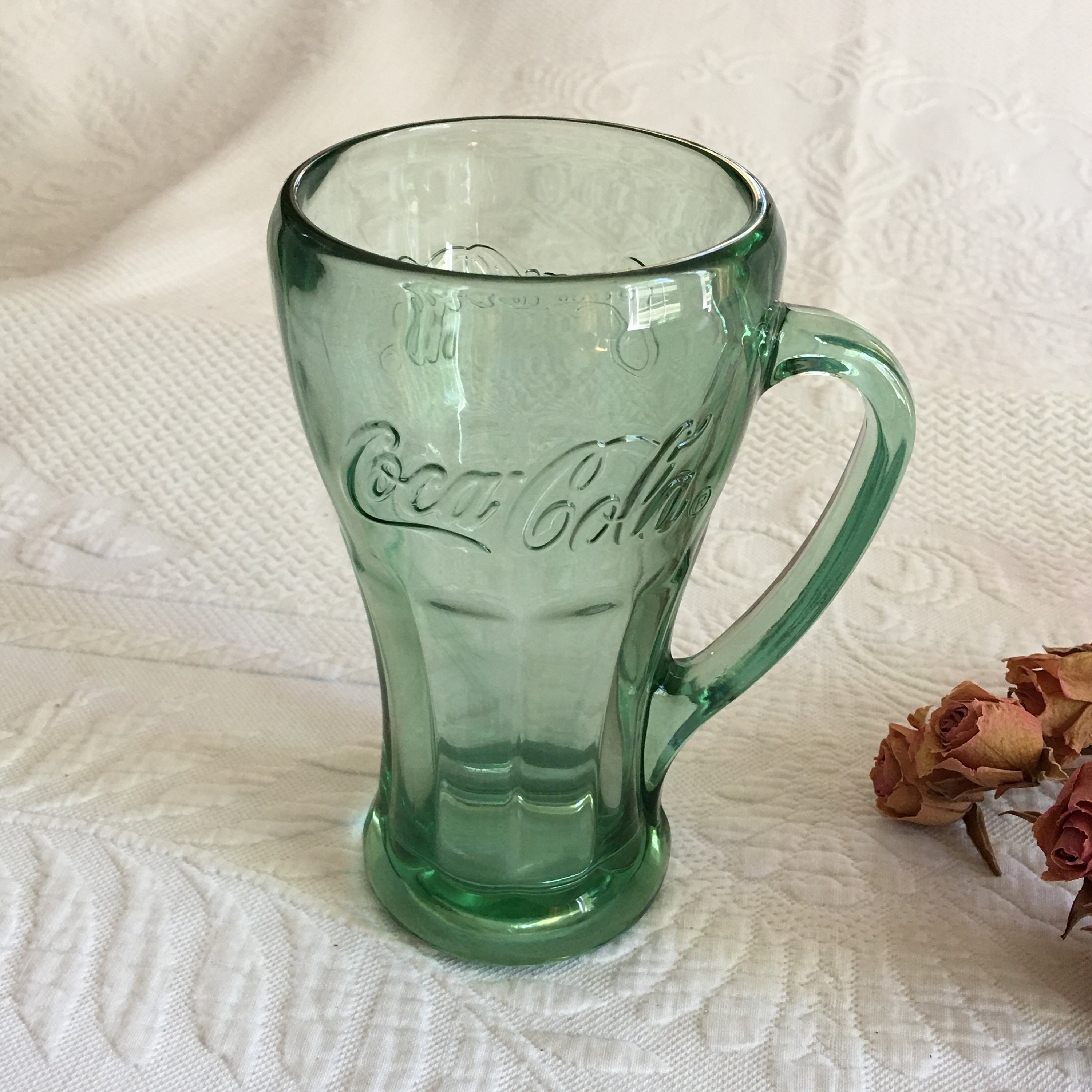 Vintage Coca Cola Green Glass Handled Mug. Nice for Use or a Coke