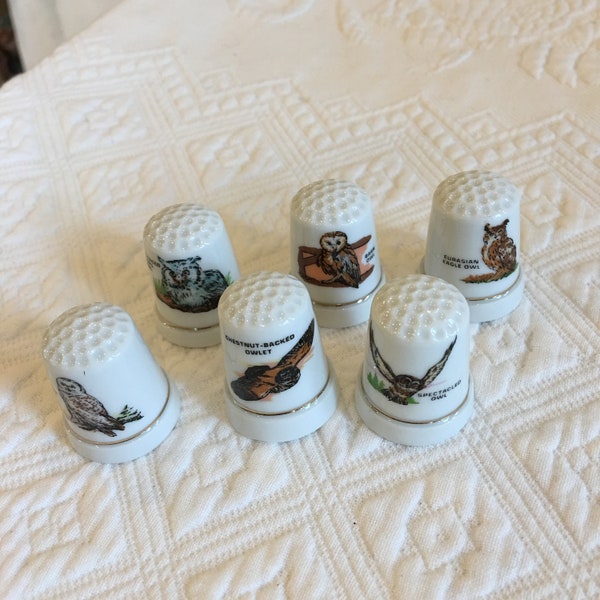 Vintage Collector Thimble. Owl Motifs With Identifying Name. Porcelain COLLECTOR THIMBLE With Gold Accent Line and Owl Picture.