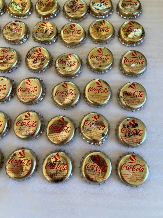 Vintage 50 Gold Coca Cola Bottle Top Caps. Repurpose in Crafting Projects.  Shiny Gold Top and Edges With Coca Cola and Printed Information. 