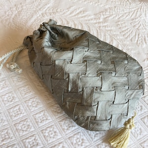 Handmade Gray 3D Silk Basket Weave Reticule. Silk Lining. White Cord Drawstring, Cream Tassel. Choose Ornament. Straight With Curve Bottom.