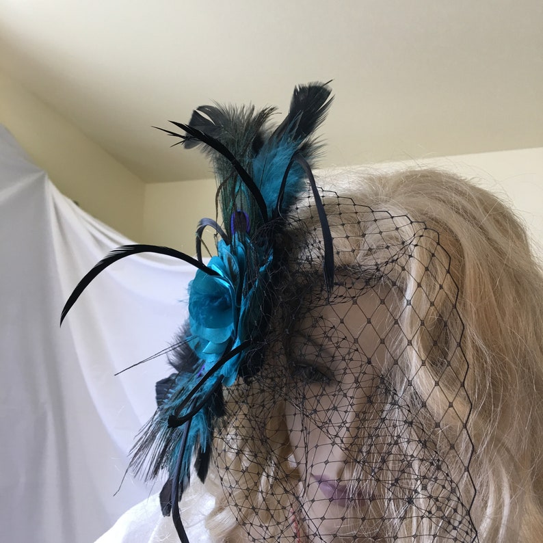 Fascinator Hat Aqua Blue Flower Peacock Eye Marabou Black Etsy