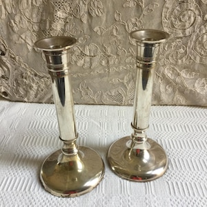 Vintage Pair Silver Plate Candlesticks Candle Holders. Straight and Simple Design. Fancy, Unique Candle Holders with Weighted Bottoms.