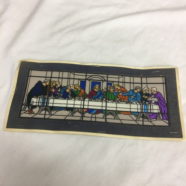 Vintage Religious Stained Glass Style Plastic Picture of the Last Supper Black, White and Bright Colors. Can Be Reframed.