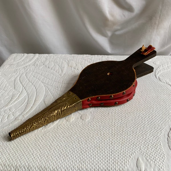 Vintage Wood, Brass Bellows. Red Leather Hobnails on Sides. Molded and Hammered Brass with Embossed Designs and Baking Scene.