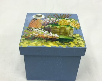 Vintage Holz handbemalte Box. Aus Peru. Gemalt von Chuyac. Bunte Aufbewahrungsbox. Blaue Schachtel mit buntem Bild.