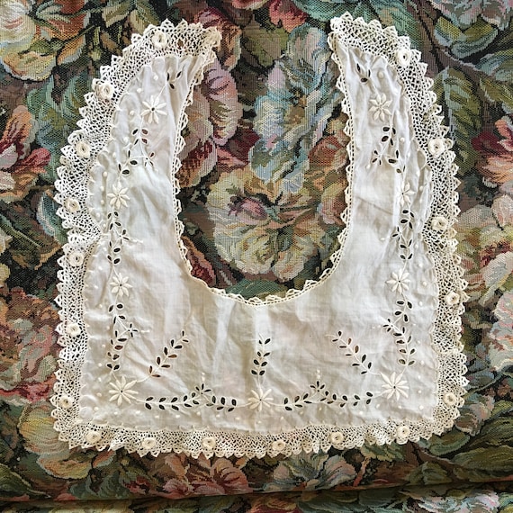 Antique Bib Front Collar with Eyelet Leaf Sprays,… - image 1