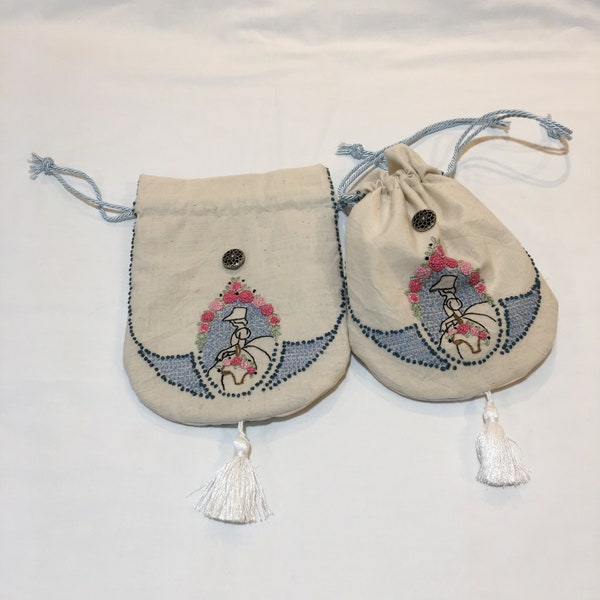 Handmade Embroidered Linen Reticule Purse. White Tassel, Blue Drawstring, Silver Button, White Silk Lining. Boullion Roses and French Knots.