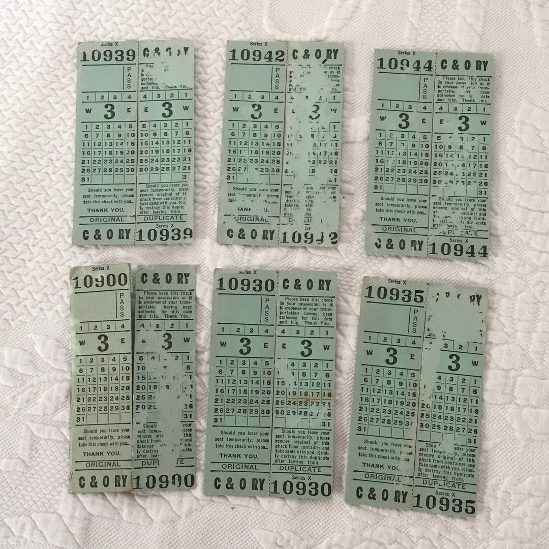 Vintage 6 C & O Railway Original Tickets. Series X Ticket 