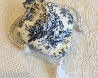 Handmade Toile Reticule in Blue and White Cotton with White Silk Lining. White Twisted Cord Drawstring and Tassel. Charming Toile Design.