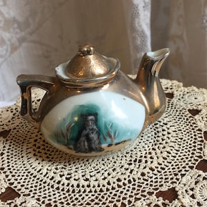 Vintage Mini Porcelain Teapot w/ Animals and Cat Hand Painted on Sides. Gold Lid and Center Section of Spout and Handle. Miniature Display.