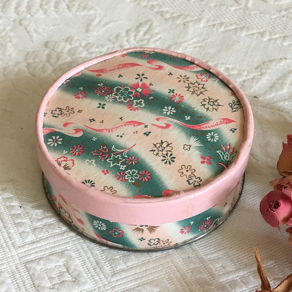 Vintage Dusting Powder. Irresistible Body Dusting Powder. 1950s Pink, Teal and White Ribbon and Floral Container. Full Box of Powder.