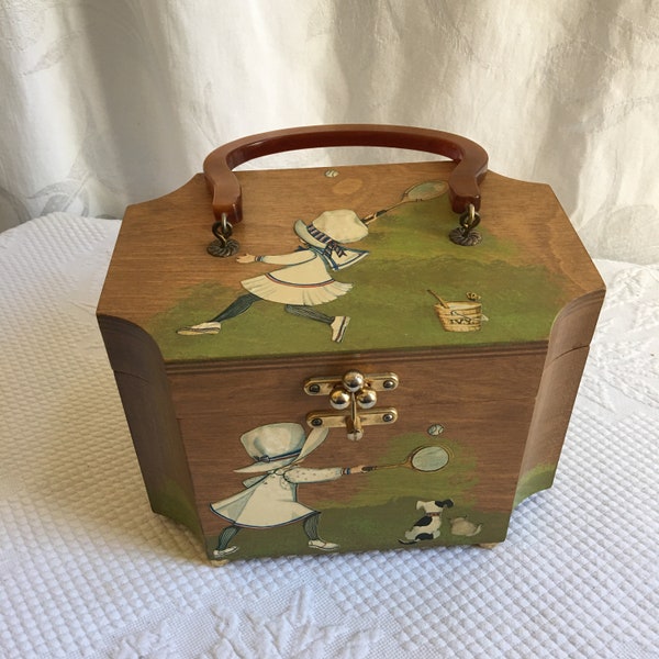 Vintage Berjan Tennis Wood Box Purse with Celluloid or Bakelite Handle. Textured Vinyl Lining and Trimmed with Gimp. Decoupage Figures.