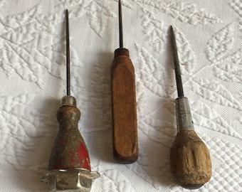 Vintage Awl or Ice Pick. Choose Your Style of Vintage Tool. Metal Cap on End of Handle, Grooved Round Handle or Rectangular Wood Handle.