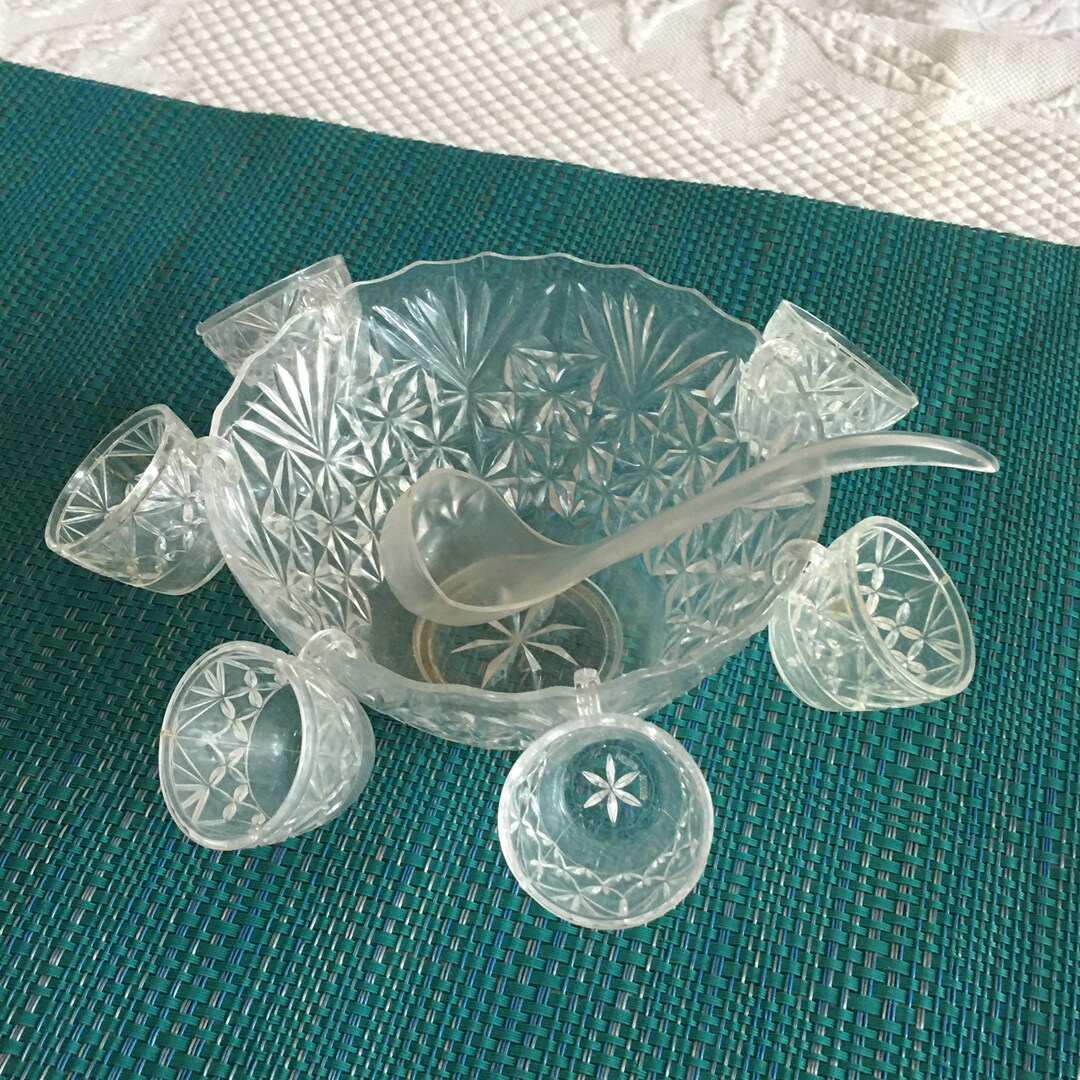 Vintage Mini Punch Bowl, Ladle and 6 Cups. Plastic Pressed Glass Look
