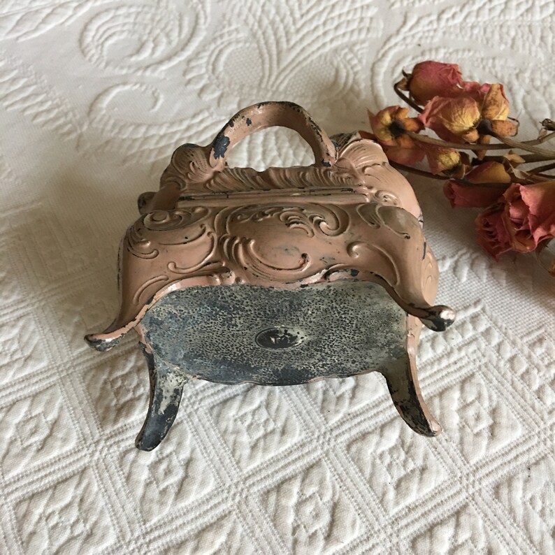 Vintage Jewelry Box Lined in Peach Silk and Cording Antiqued Tan on Black to Make This Charming Molded Roses Leaves and Stem Top Handle.