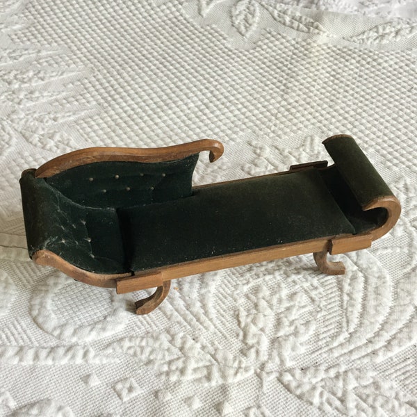 Vintage Miniature Chaise Lounge in Green Velveteen and Wood. Roll Up Curved Foot. Victorian Style Doll House Sofa Chaise.