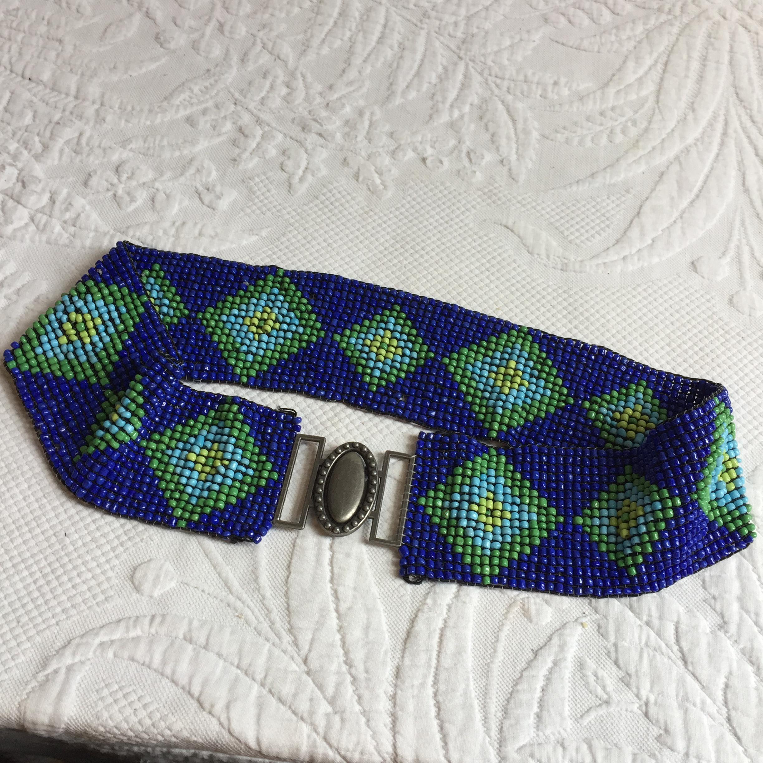 Vintage Southwestern Geometric Beaded Stretch Belt - Blue & Green Diamond Patter Vintage Southwestern Style Stretchy Beaded Belt W/ Diamond  main image 2