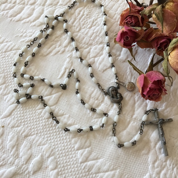 Vintage Silver White Rosary. White Beads Catholic… - image 1