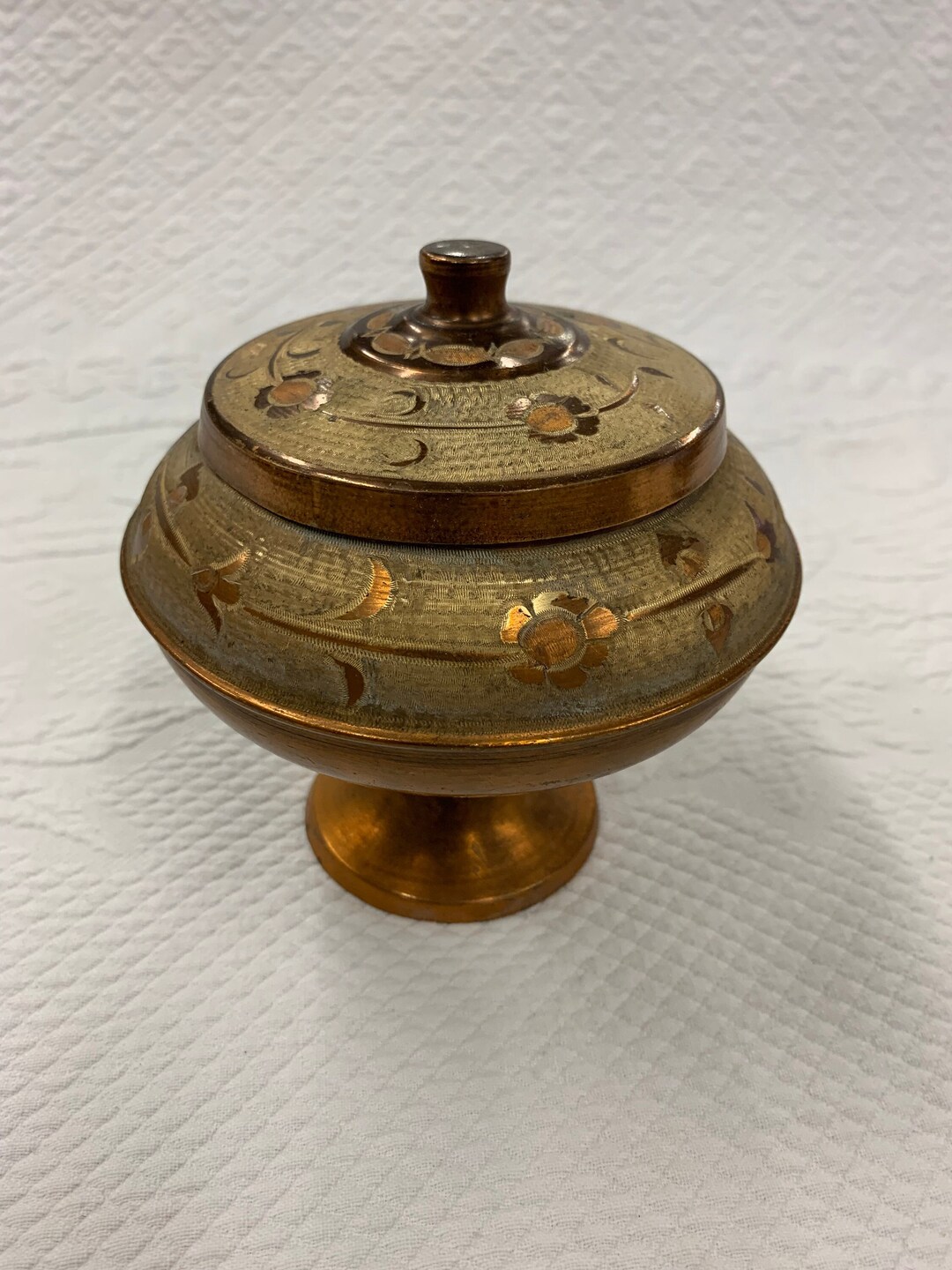Vintage Etched Copper and Gold Pedestal Bowl With Lid. Flowers Etsy