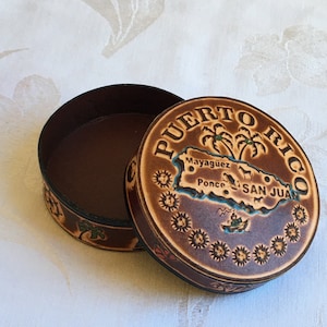 Vintage Leather Embossed Box from Puerto Rico. Round Leather Box w/ Palm Trees, Seahorse, Sailboat, Fish, Ships Wheel and Other Designs.