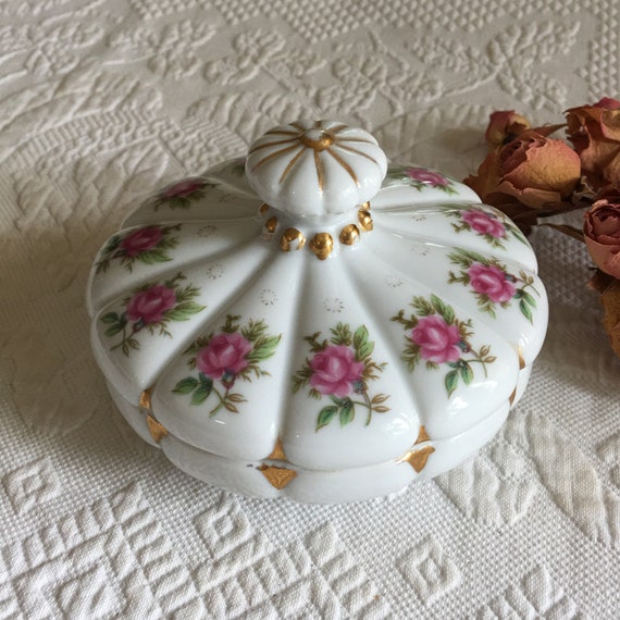 Vintage Dresser Box. Crown Shaped Rose Motif and Gold Beads and Triangle Decorations. Charming Dresser Porcelain Box Container.