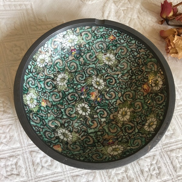 Vintage Japanese Bowl, Porcelain and Pewter Decorative Hand Painted Bowl. Painted in Hong Kong. Japanese Painted Bowl. Choose Color.