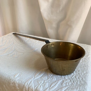 Vintage Brass and Wrought Iron Large Dipper Pot. Open Hearth Cooking Ladle or Dipper. Great for Display in Antique Kitchen.