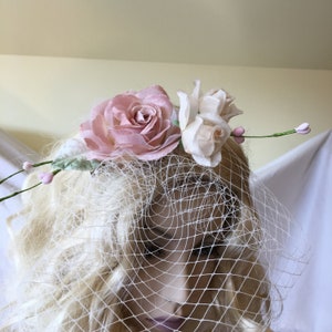 Fascinator Hat, Pink Rose White Buds Stems of Berries Velvet Leaf. Off White Bird Cage Veil. Beige Headband and Hair Clip.