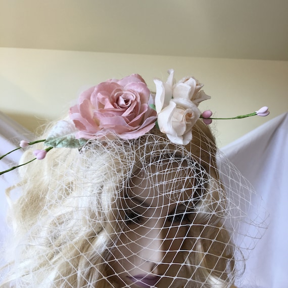 Fascinator Hat, Pink Rose White Buds Stems of Berries Velvet  display picture 3