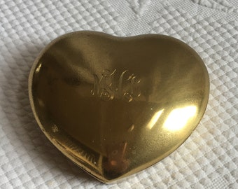 Vintage Gold Brass Heart Box With MLH Monogram on the Top. Heart Dresser Box. Shiny Gold Made in Korea.