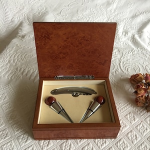 Vintage Los Vegas Bar Set. Corkscrew with Bottle Opener and Pocket Knife and 2 Bottle Stoppers with Wooden Ball Top Decorations.