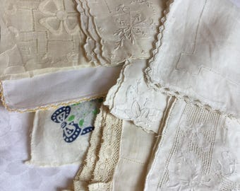 Vintage 8 Linen Handkerchiefs with Pulled Threads, Tatting, Embroidery, Shadow Applique, Crocheted or Lace Edging.  Vintage Overall Design.
