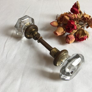 Victorian Pair of Glass and Brass Door Knobs. Architectural Salvage Clear Glass Octagon Edge Shape. Beautiful Door Knob Set, Victorian.