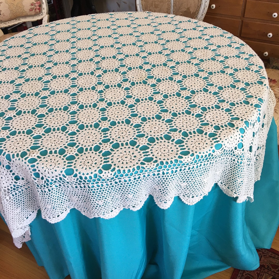 Vintage Crocheted Bedspread or Table Cover. Creamy White, Circular
