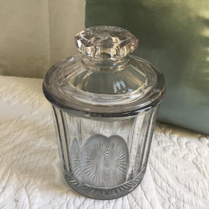 Vintage Glass Dresser Jar. For Use in Bedroom or Bathroom. Great for Cotton Balls or Bath Salts. Sunburst Designs on Top Knob and Bottom.