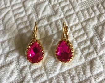 Handmade Pierced Earrings. Smaller Size Hot Pink Set Stone. Teardrop in Gold Tone Setting. New.