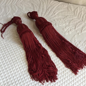 Set of 2 Deep Red Tassels. Old Tassels to Use for Curtain Tiebacks or to Hang for Decorations. Hidden Small Tassels Within the Large Tassel.