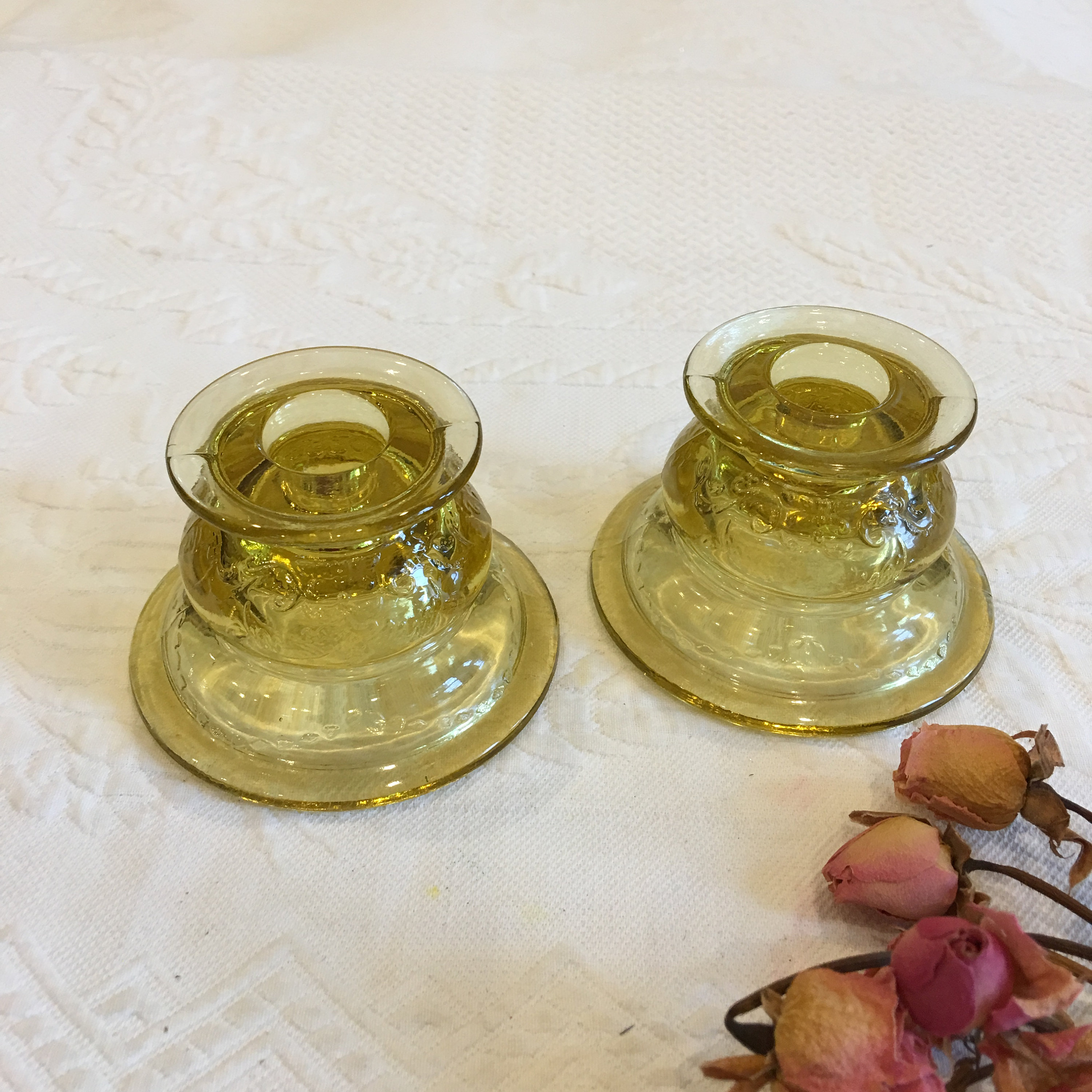 Vintage Pair Candle Holders in Yellow Glass. Short Pressed Etsy UK