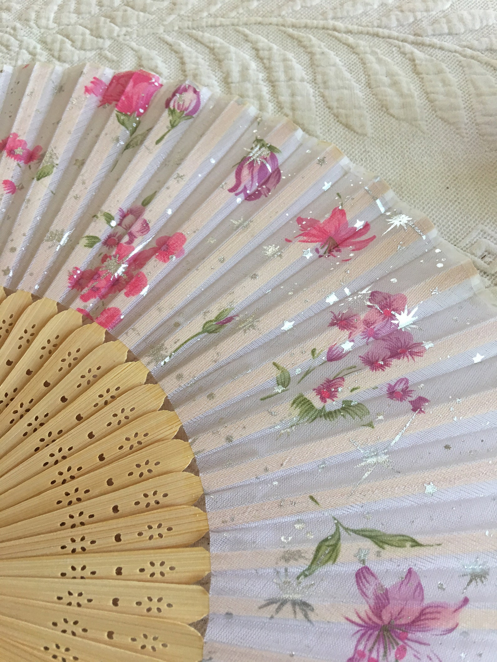 Silk and Wood Hand Fan. Openwork Design on Wood With Floral Designs and ...